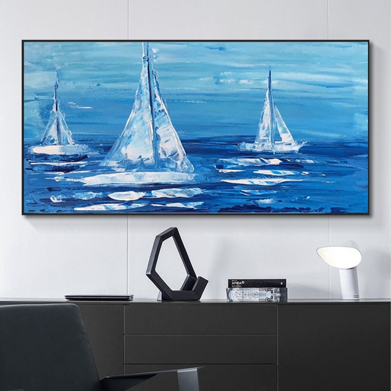 Serene Blue Ocean Sailing Scene - Elegant Oil Painting for Nautical Home Decor