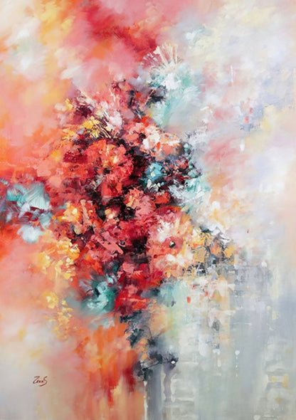 Vibrant Abstract Oil Painting of Colorful Blooms and Whimsical Swirls