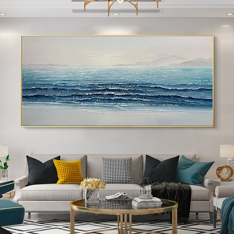 Tranquil Ocean Waves: Serene Blue Shoreline Oil Painting for Coastal Home Decor