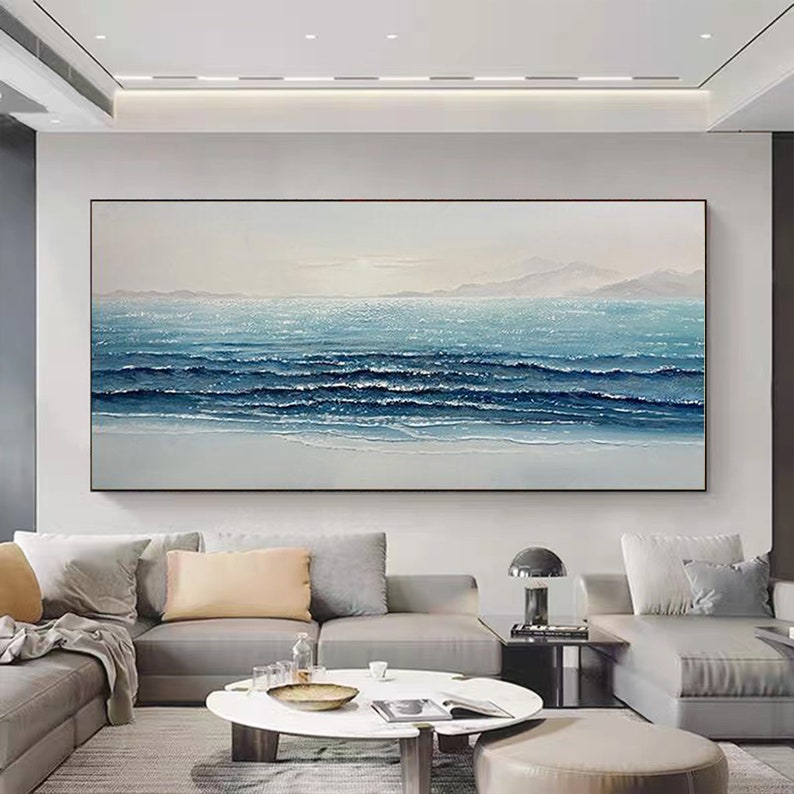 Tranquil Ocean Waves: Serene Blue Shoreline Oil Painting for Coastal Home Decor