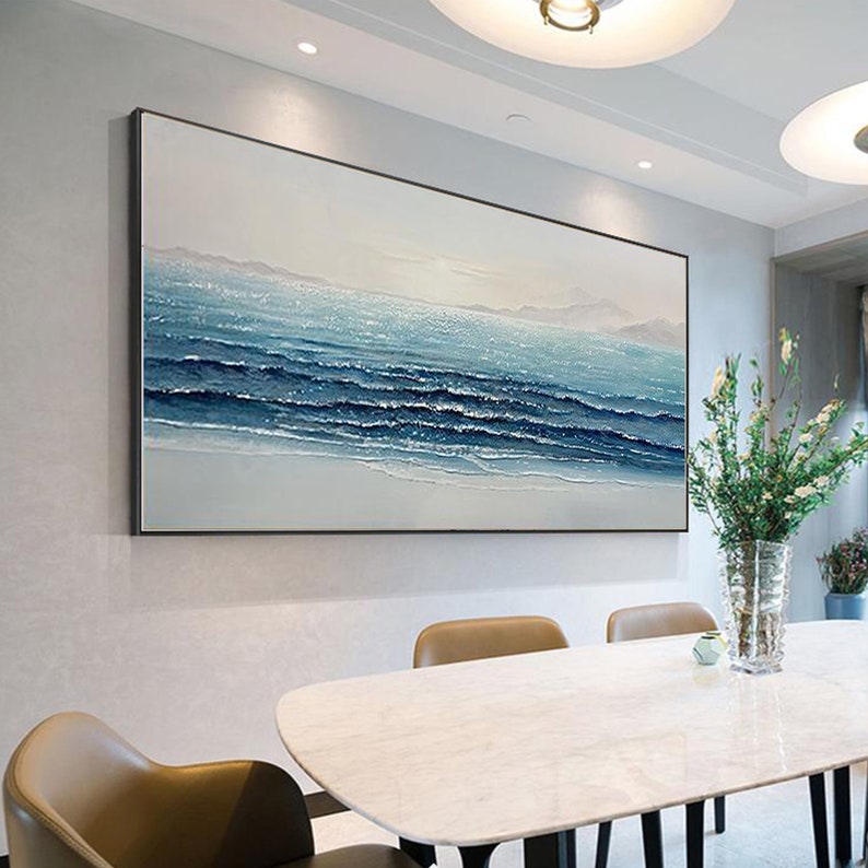 Tranquil Ocean Waves: Serene Blue Shoreline Oil Painting for Coastal Home Decor