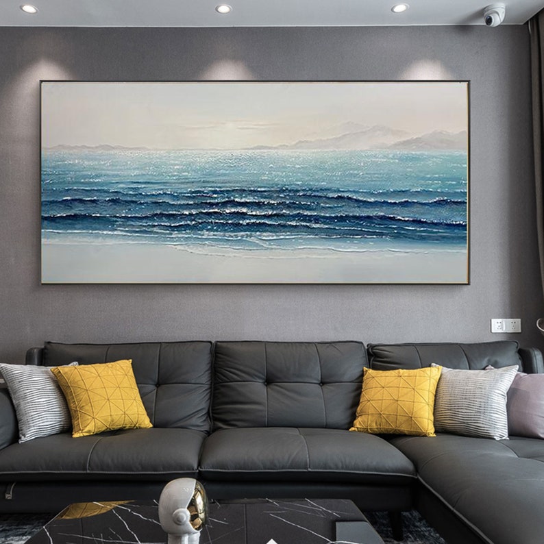Tranquil Ocean Waves: Serene Blue Shoreline Oil Painting for Coastal Home Decor