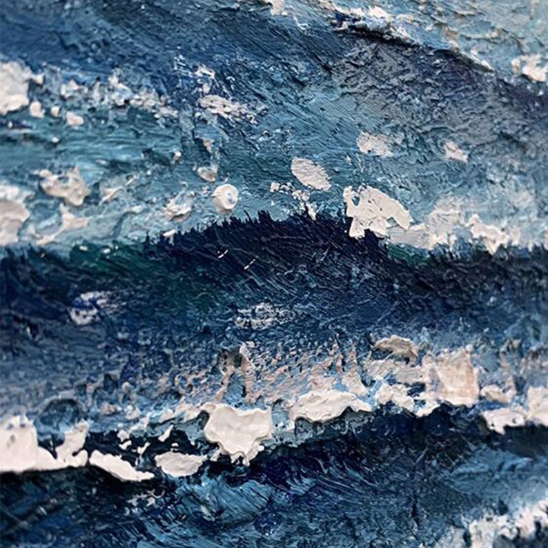 Tranquil Ocean Waves: Serene Blue Shoreline Oil Painting for Coastal Home Decor