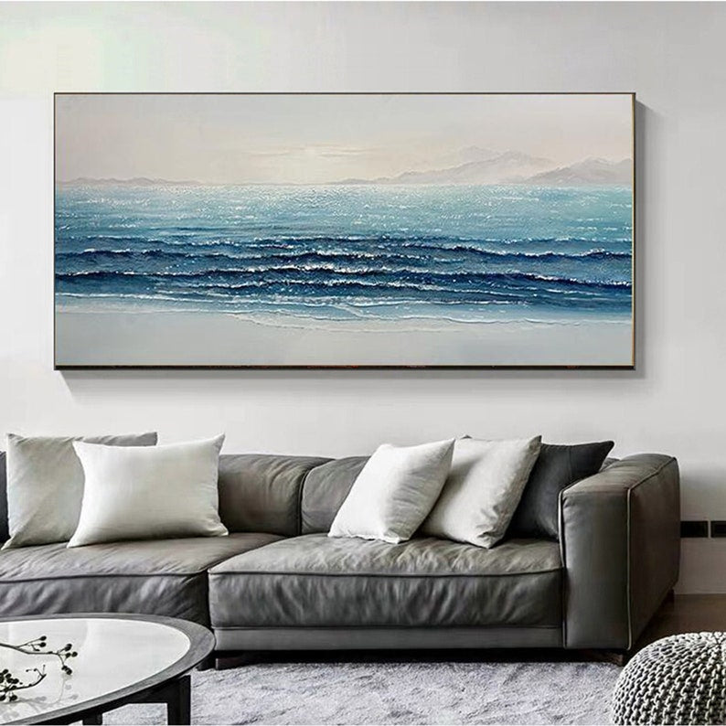 Tranquil Ocean Waves: Serene Blue Shoreline Oil Painting for Coastal Home Decor