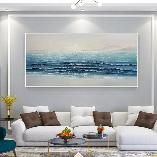 Tranquil Ocean Waves: Serene Blue Shoreline Oil Painting for Coastal Home Decor