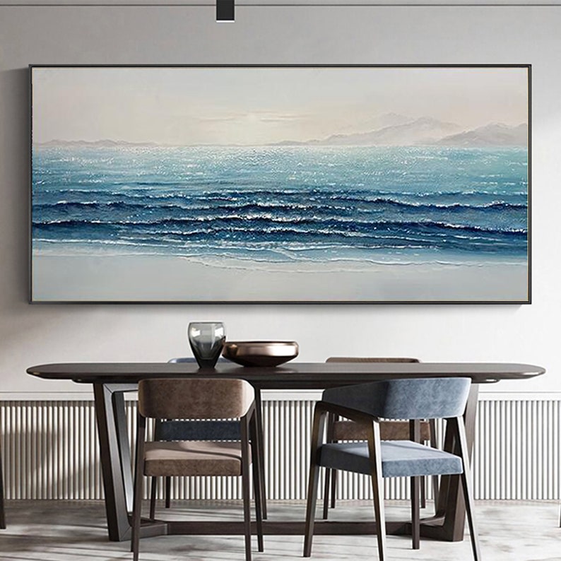 Tranquil Ocean Waves: Serene Blue Shoreline Oil Painting for Coastal Home Decor