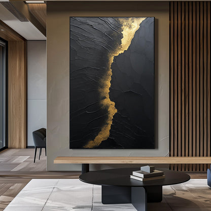Elegant Black and Gold Minimalist Abstract Oil Painting for Modern Art Lovers