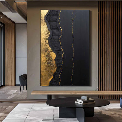 Elegant Black and Gold Minimalist Abstract Oil Painting for Modern Decor