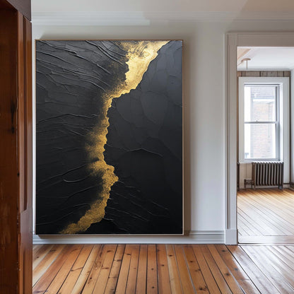 Elegant Black and Gold Minimalist Abstract Oil Painting for Modern Art Lovers