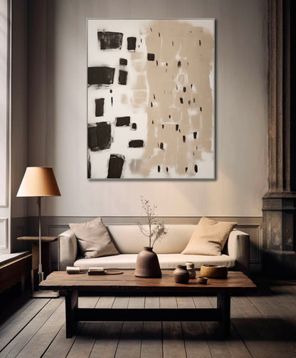 Contemporary Minimalist Abstract Oil Painting in Black and Beige Tones