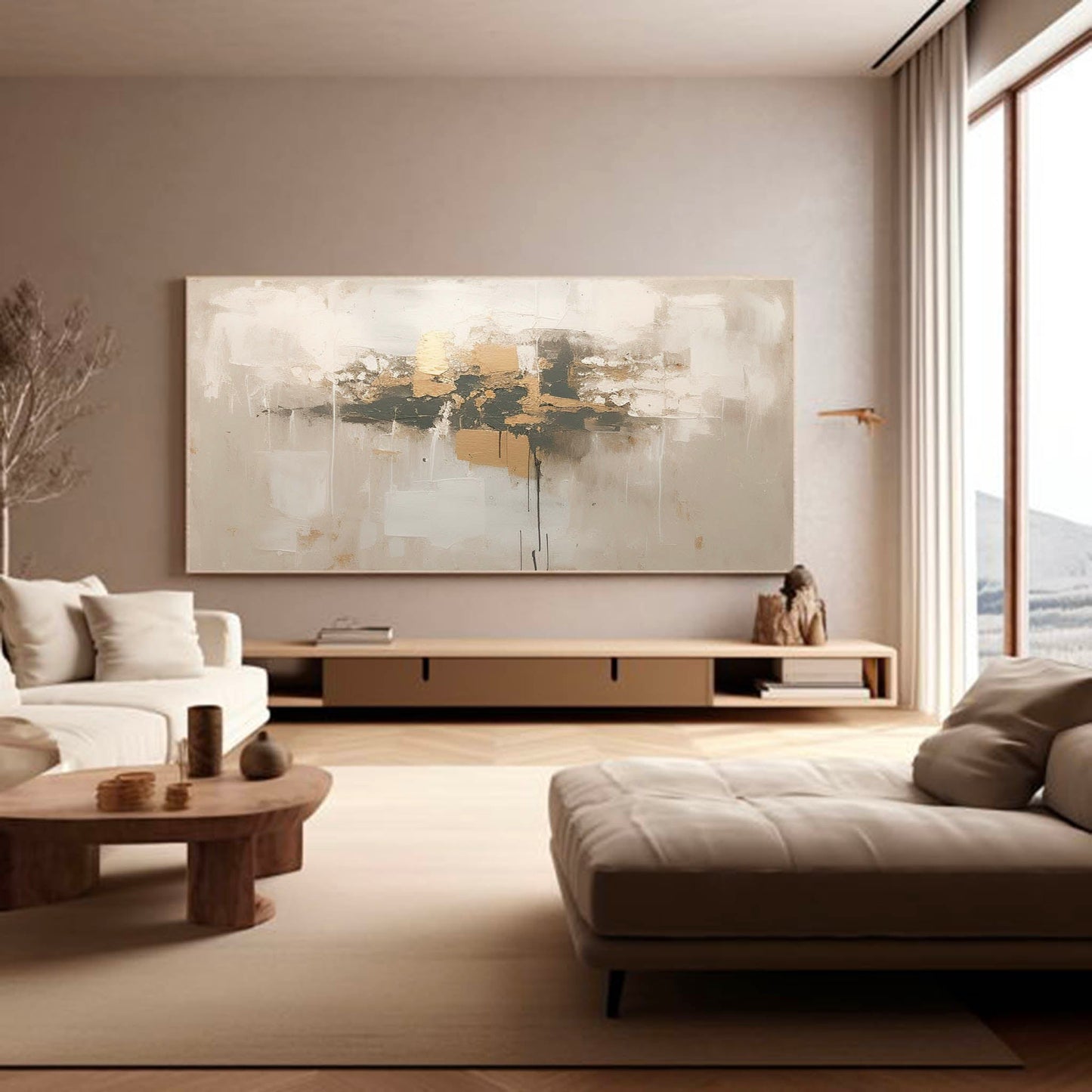 Elegant Minimalist Abstract Oil Painting with Gold Accents for Modern Decor