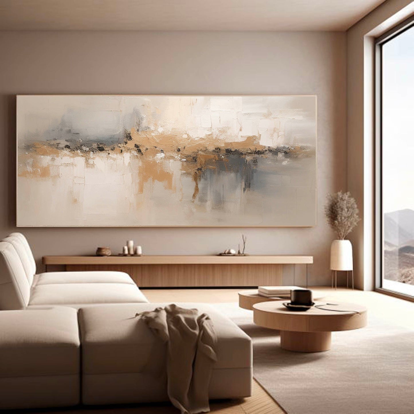 Elegant Minimalist Abstract Oil Painting in Soft Neutrals and Earthy Tones