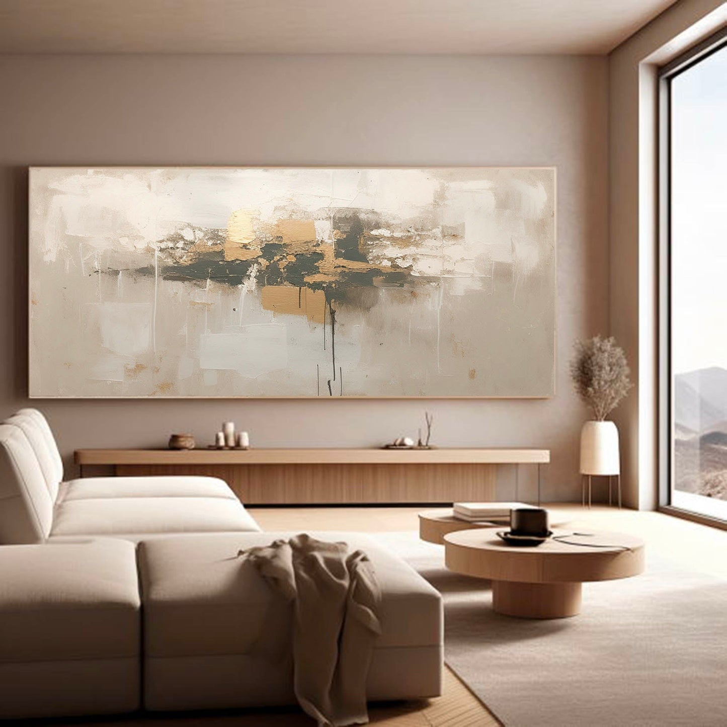 Elegant Minimalist Abstract Oil Painting with Gold Accents for Modern Decor