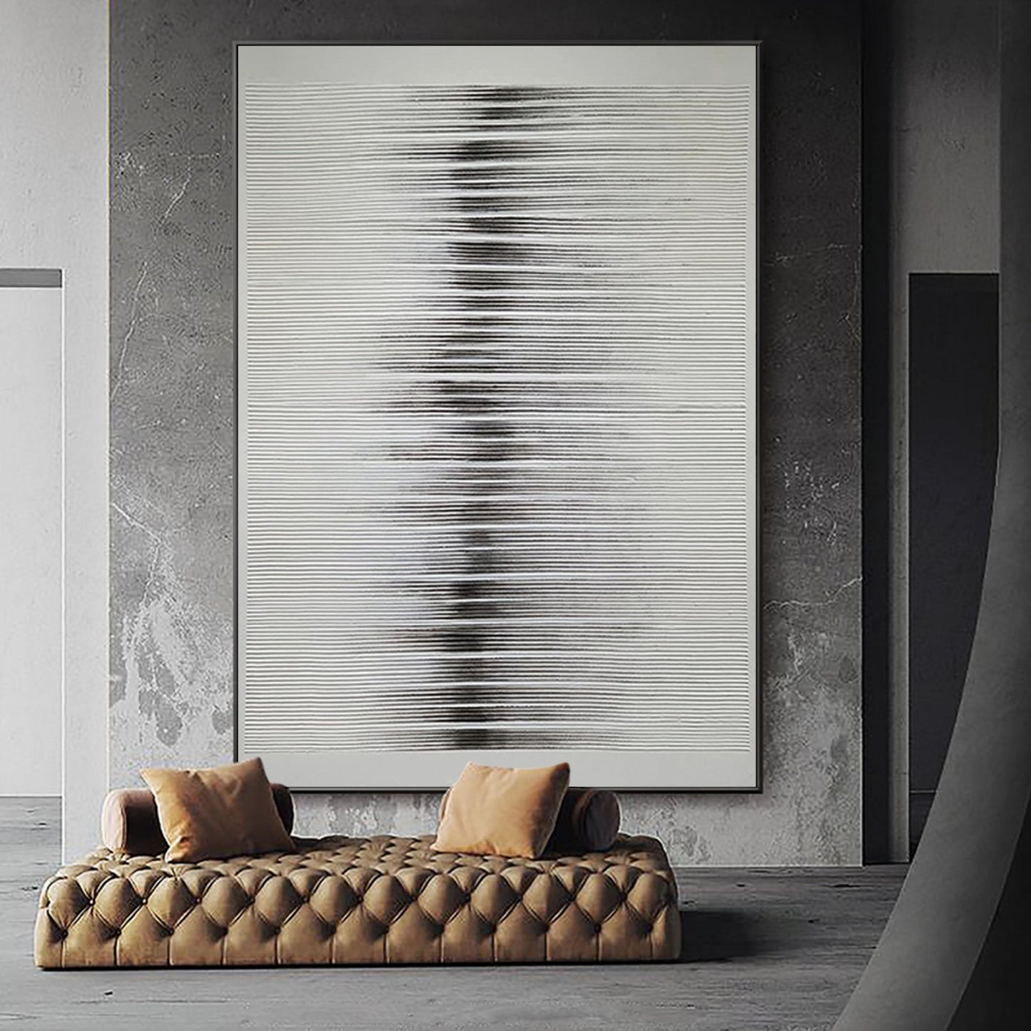 Sleek Minimalist Black and White Abstract Oil Painting for Modern Home Decor