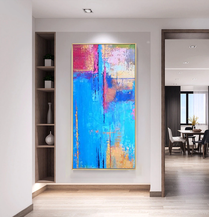 Vibrant Abstract Oil Painting in Blue, Pink and Gold for Modern Home Decor