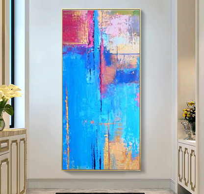 Vibrant Abstract Oil Painting in Blue, Pink and Gold for Modern Home Decor