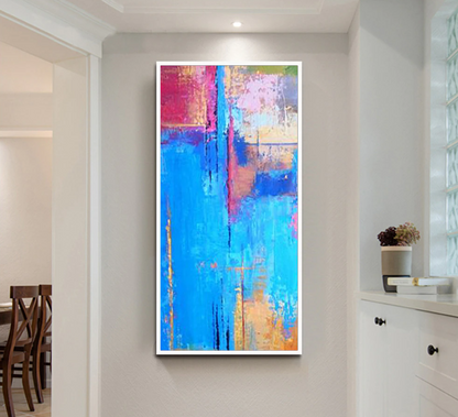 Vibrant Abstract Oil Painting in Blue, Pink and Gold for Modern Home Decor