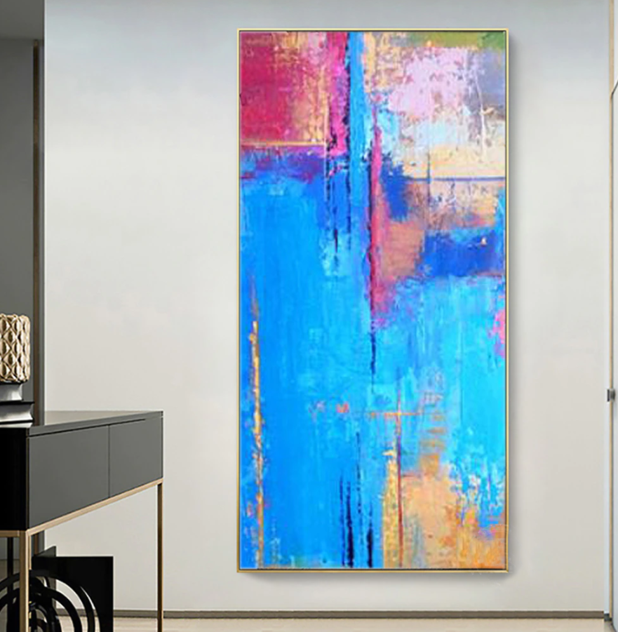 Vibrant Abstract Oil Painting in Blue, Pink and Gold for Modern Home Decor