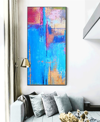 Vibrant Abstract Oil Painting in Blue, Pink and Gold for Modern Home Decor