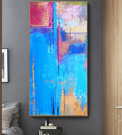 Vibrant Abstract Oil Painting in Blue, Pink and Gold for Modern Home Decor