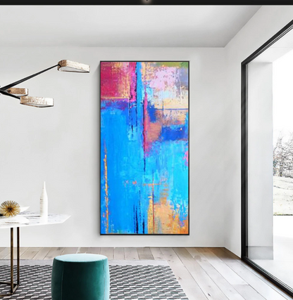 Vibrant Abstract Oil Painting in Blue, Pink and Gold for Modern Home Decor