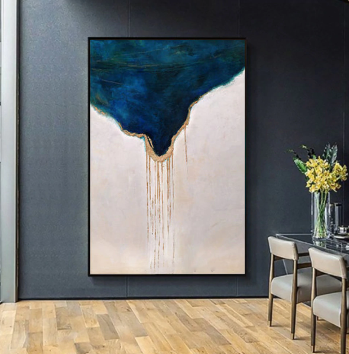 Abstract Ocean Wave Oil Painting with Flowing Gold Accents for Modern Decor