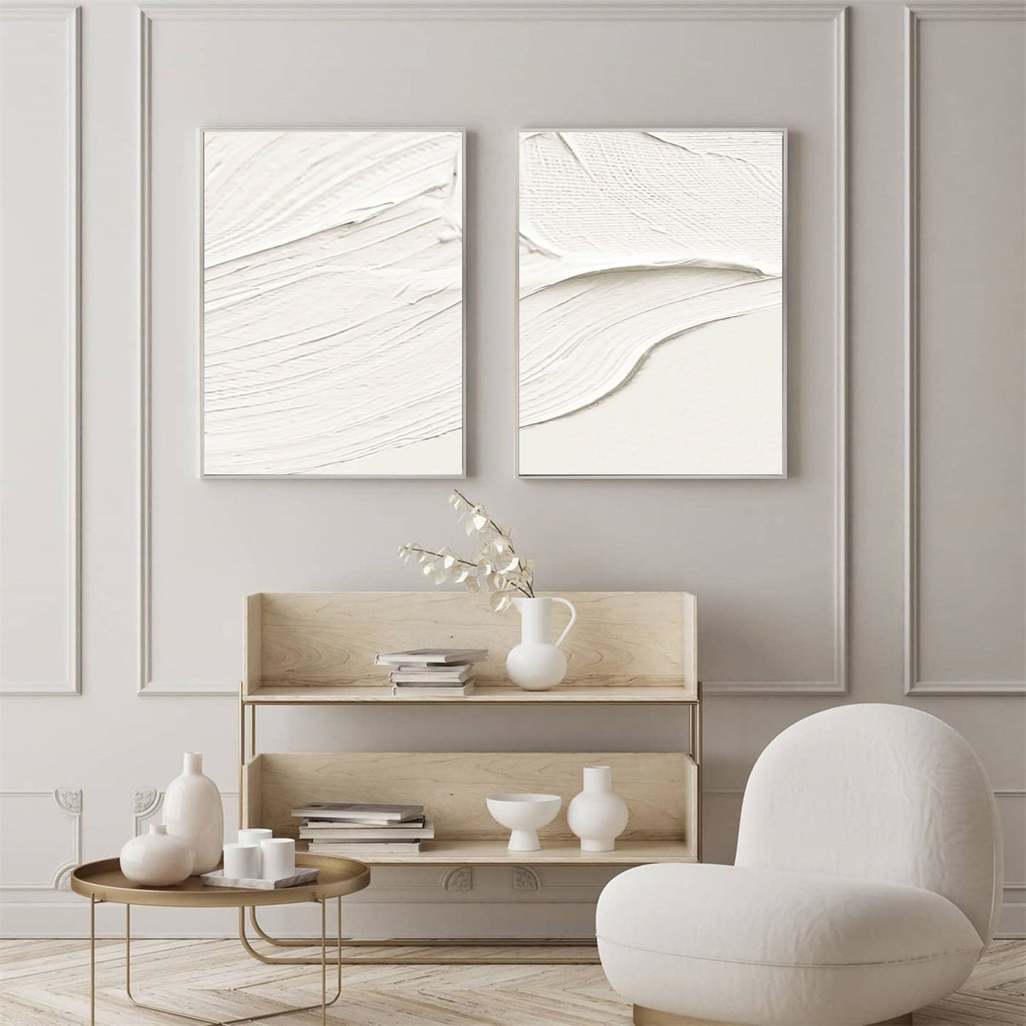 Elegant White Minimalist Abstract Oil Painting Duo for Modern Home Decor