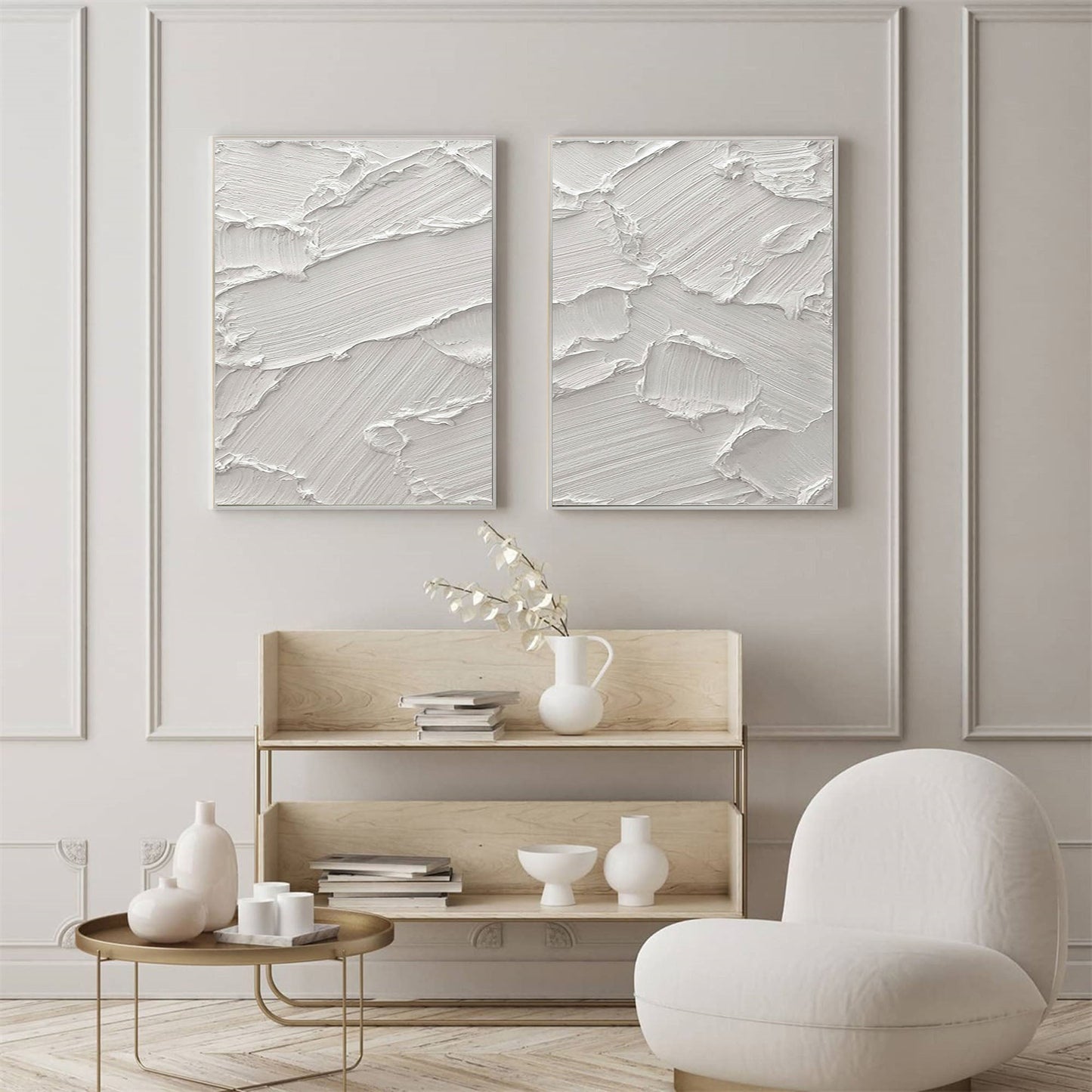 Textured White Abstract Oil Painting Duo for Modern Home Decor