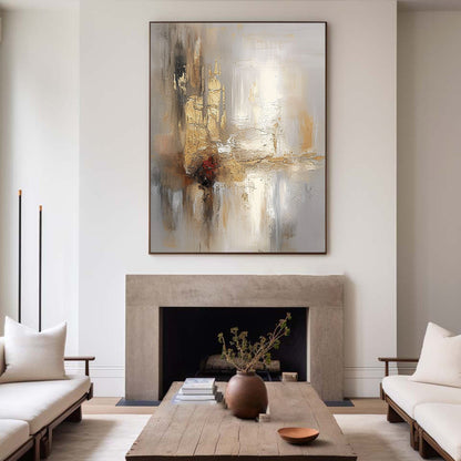 Abstract Grey and Beige Oil Painting with Gold Foil Texture for Modern Decor