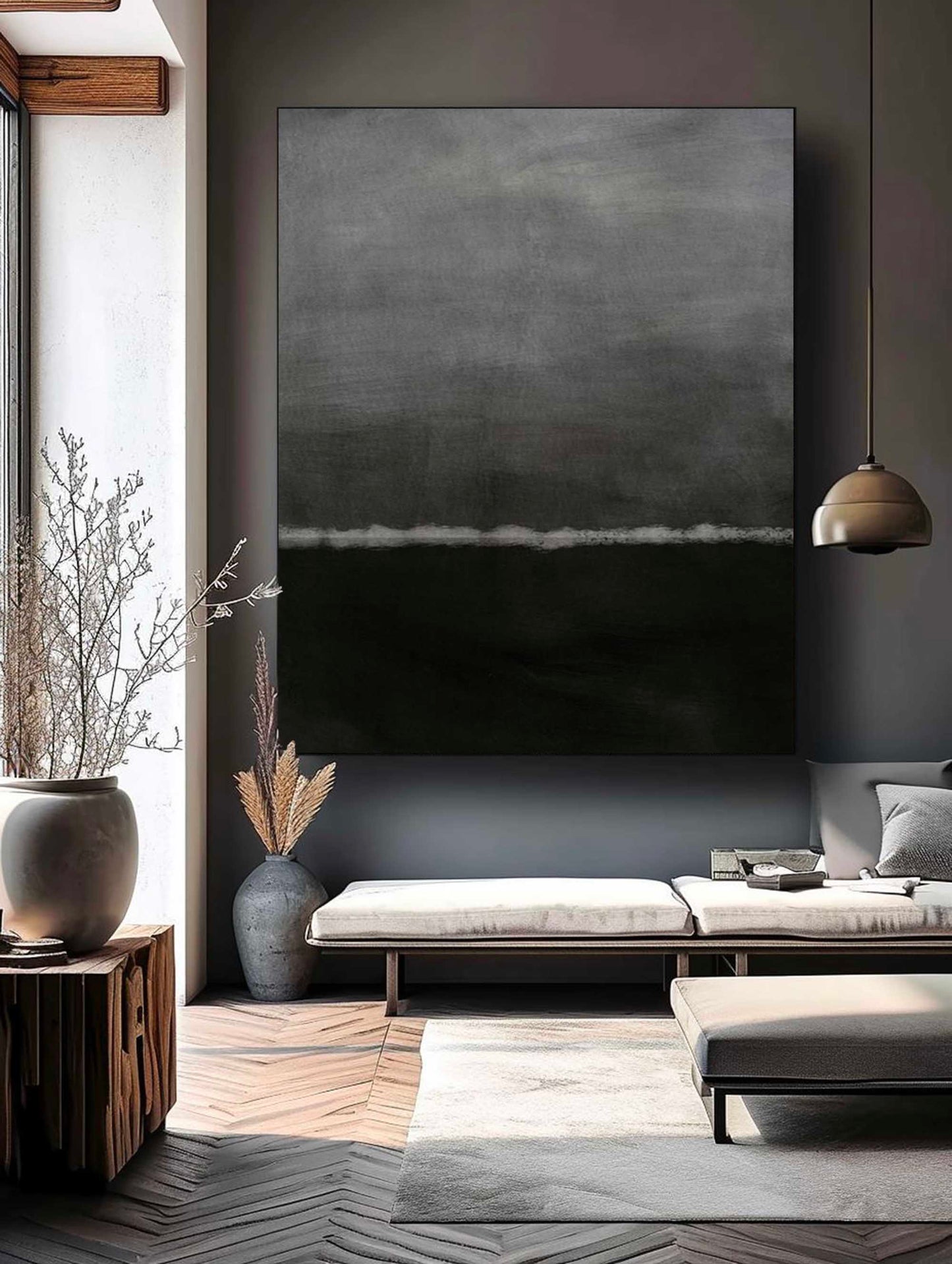 Elegant Minimalist Black and White Abstract Oil Painting for Modern Home Decor