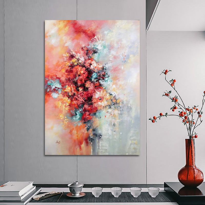 Vibrant Abstract Oil Painting of Colorful Blooms and Whimsical Swirls