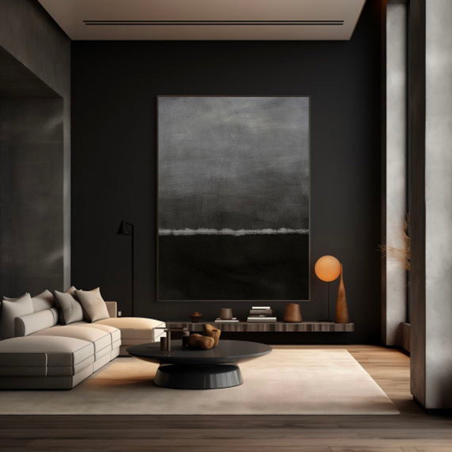 Elegant Minimalist Black and White Abstract Oil Painting for Modern Home Decor