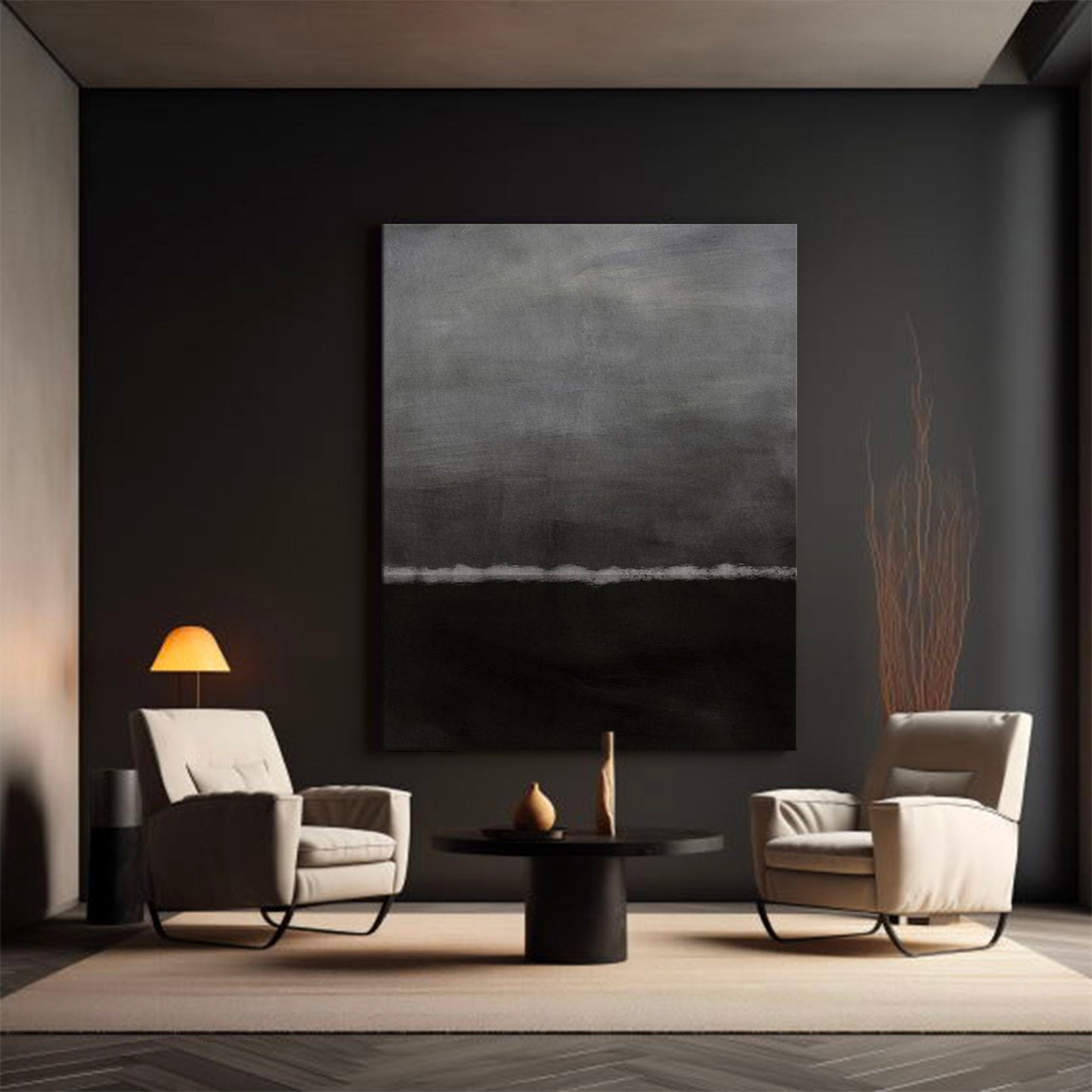 Elegant Minimalist Black and White Abstract Oil Painting for Modern Home Decor