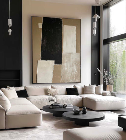 Elegant Minimalist Black and White Abstract Oil Painting for Modern Home Decor