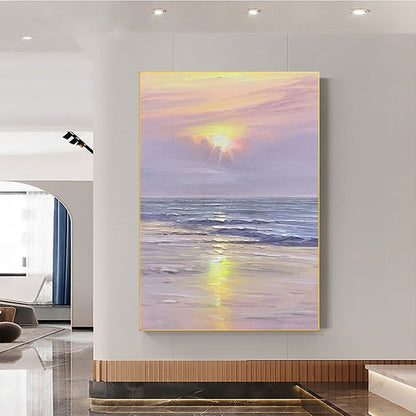 Vibrant Sunset Over Tranquil Ocean - Serene Purple Sky Oil Painting