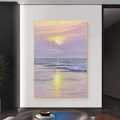 Vibrant Sunset Over Tranquil Ocean - Serene Purple Sky Oil Painting