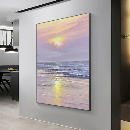 Vibrant Sunset Over Tranquil Ocean - Serene Purple Sky Oil Painting