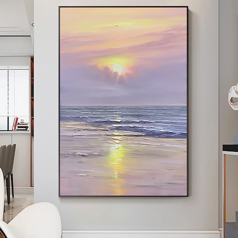 Vibrant Sunset Over Tranquil Ocean - Serene Purple Sky Oil Painting