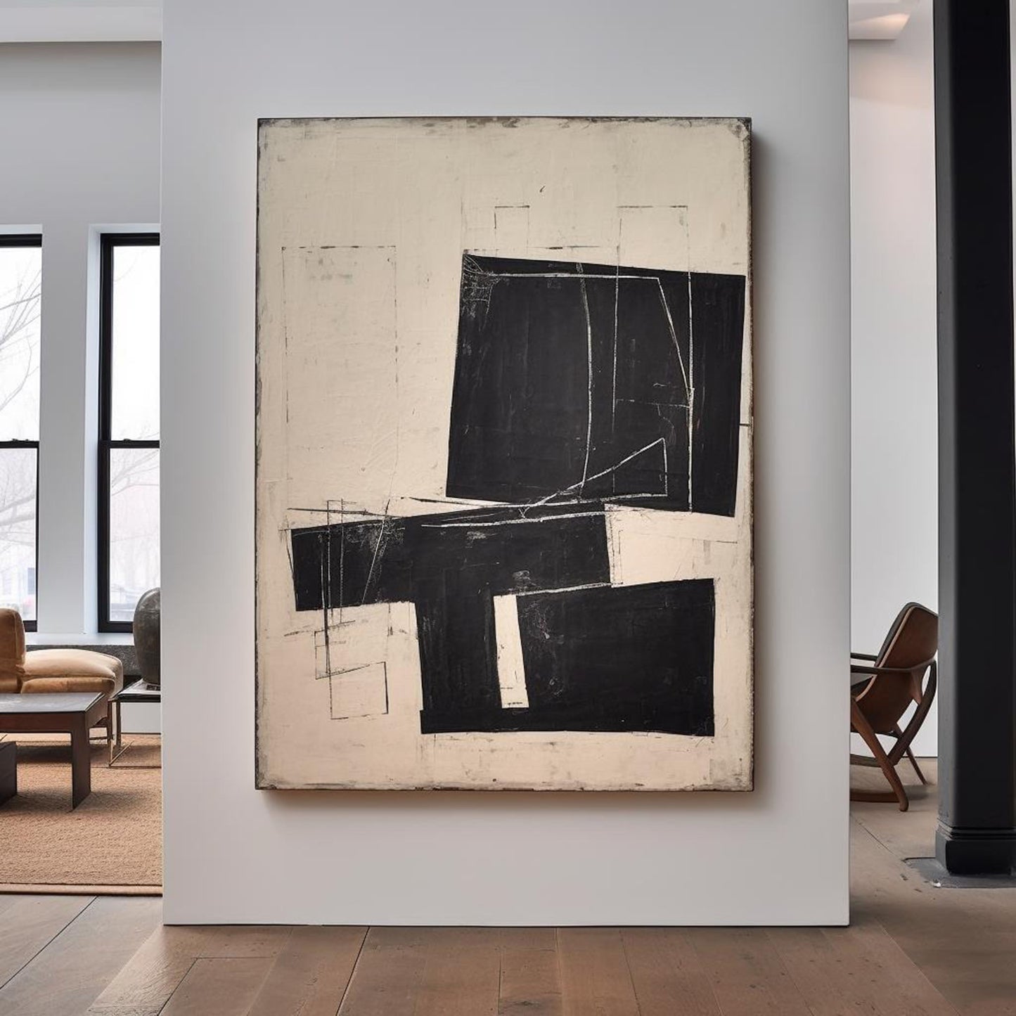 Contemporary Minimalist Black and White Abstract Oil Painting for Modern Homes