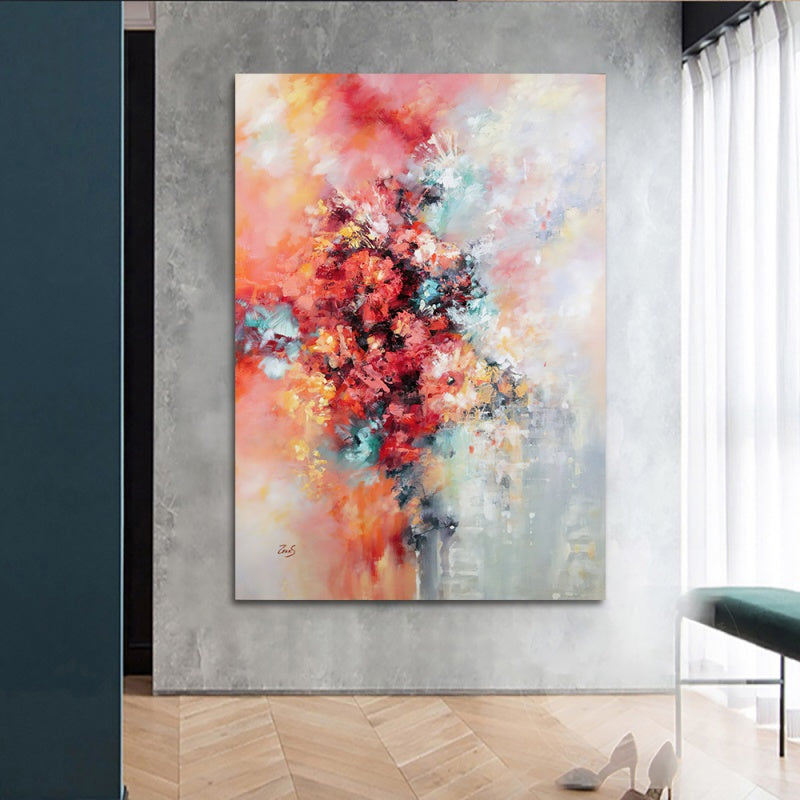 Vibrant Abstract Oil Painting of Colorful Blooms and Whimsical Swirls