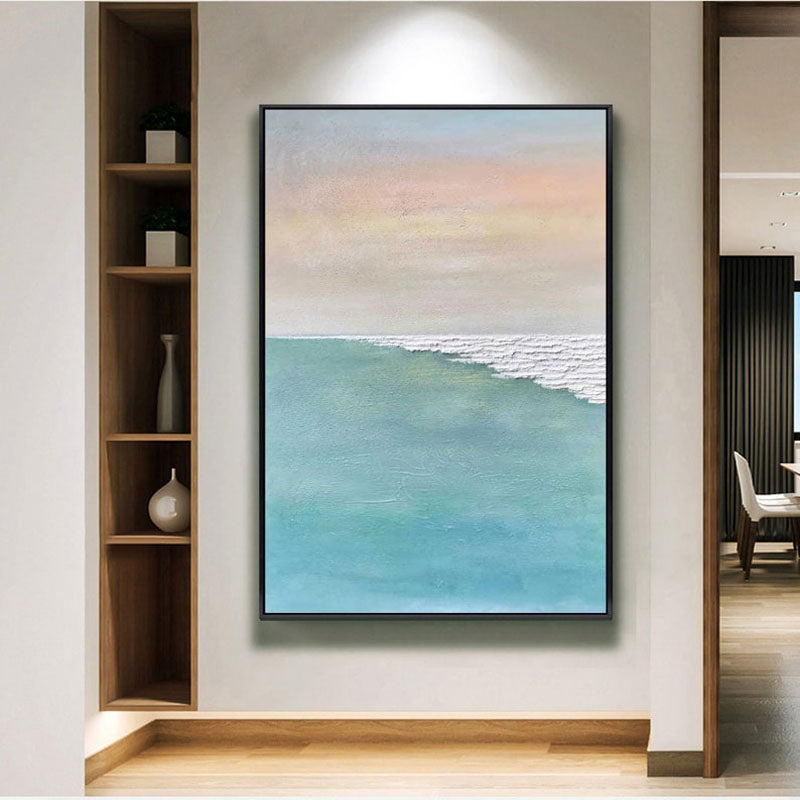 Serene Coastal Horizon: Tranquil Oil Painting for Modern Home Decor