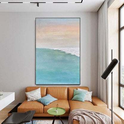 Serene Coastal Horizon: Tranquil Oil Painting for Modern Home Decor