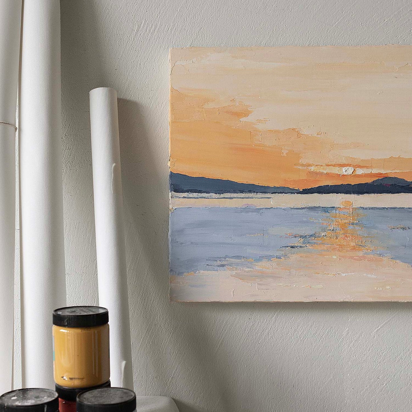 Minimalist Sunset Ocean Waves Mountain Oil Painting 364LT