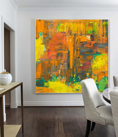 Vibrant Abstract Oil Painting in Orange and Yellow for Modern Home Decor