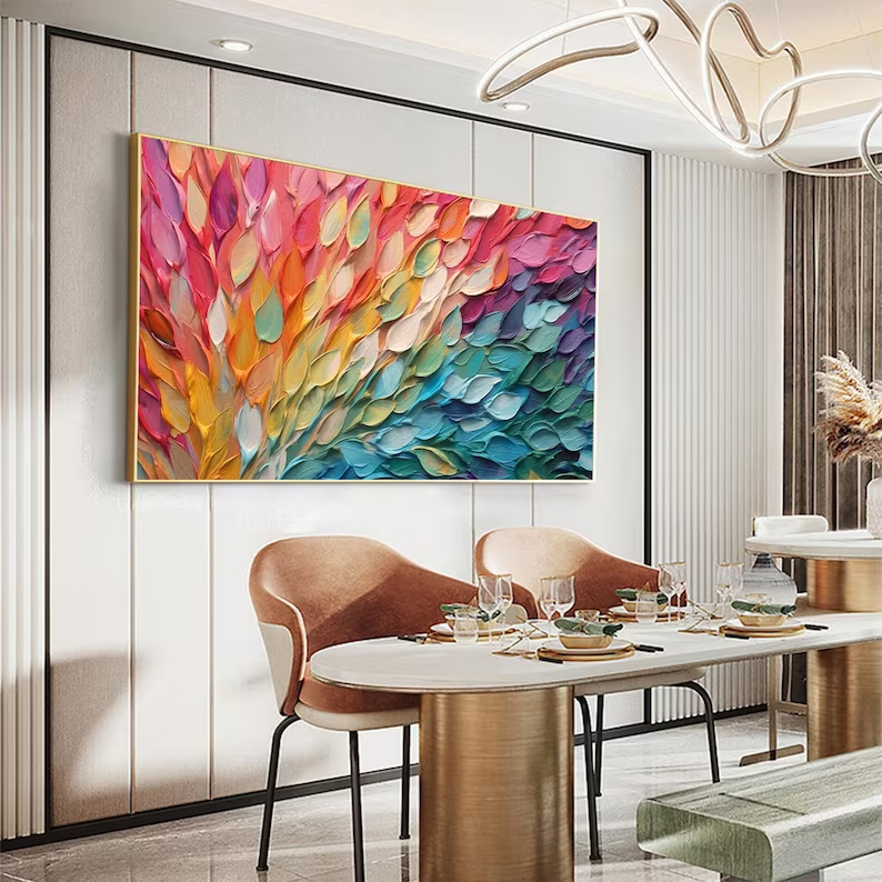 Vibrant Abstract Oil Painting with Colorful Leaf-Like Textures for Modern Decor