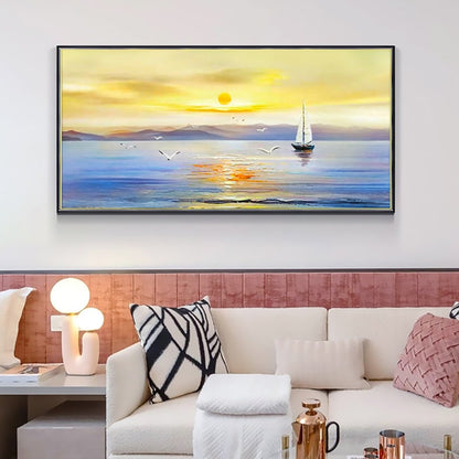 Tranquil Sailboat at Sunset - Serene Ocean Landscape Oil Painting