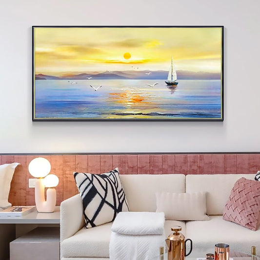 Tranquil Sailboat at Sunset - Serene Ocean Landscape Oil Painting