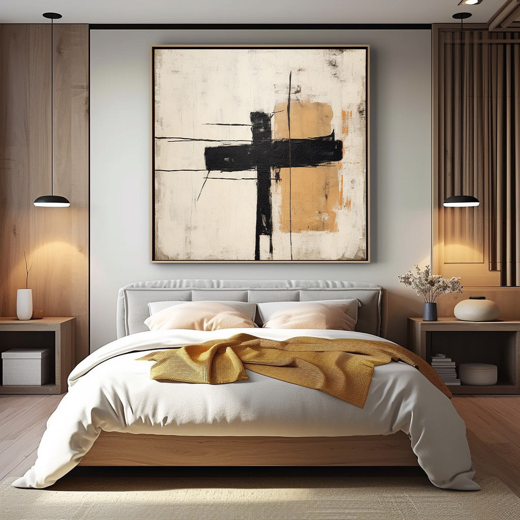 Contemporary Minimalist Black and Gold Abstract Oil Painting for Elegant Home Decor