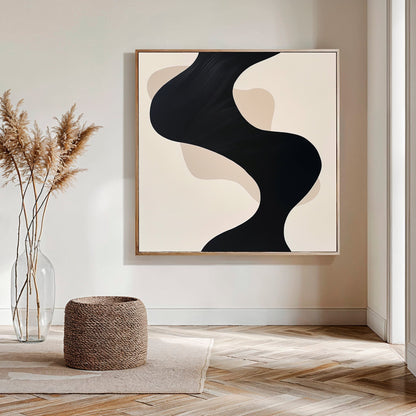 Black and Beige Abstract Oil Painting for Modern Home Decor