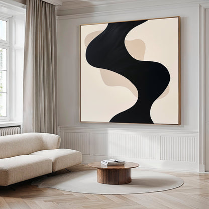 Black and Beige Abstract Oil Painting for Modern Home Decor